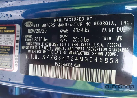 2021 Kia K5 Ex z USA, uszkodzony, nr VIN 5XXG34J24MG046853